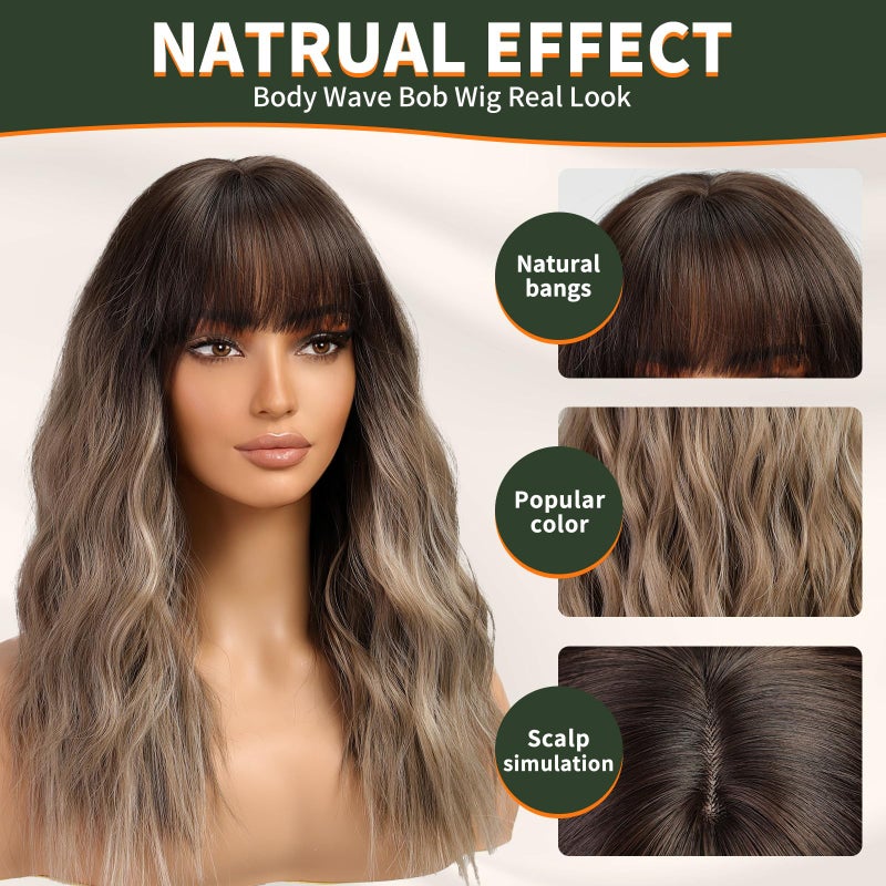 KOME Brown Wig with Bangs,Brown Highlight Synthetic Shoulder Length Curly Wavy Wigs for Women Party Daily Use 18IN - Image 3
