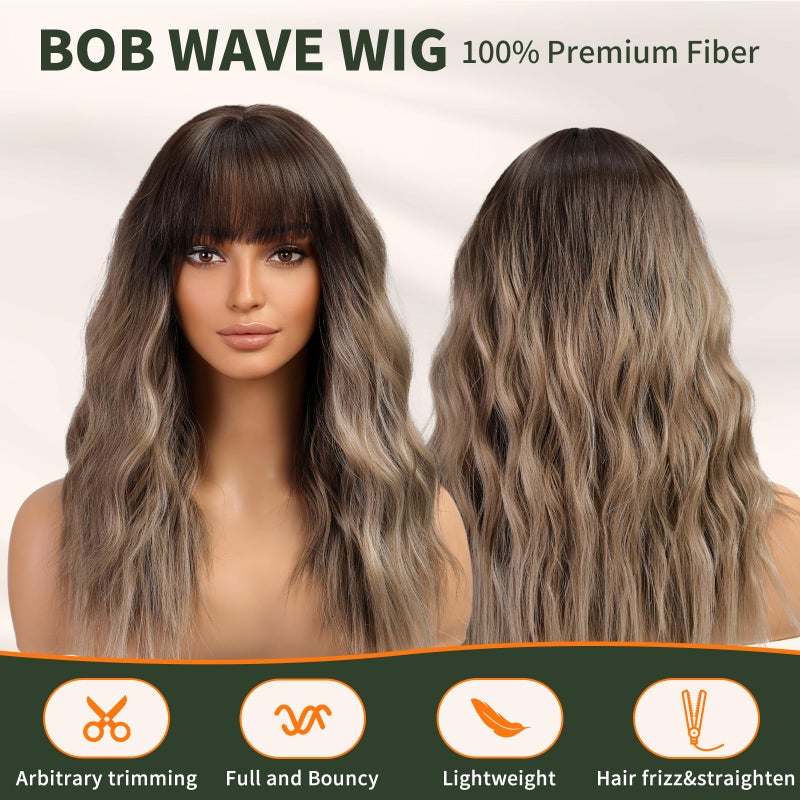 KOME Brown Wig with Bangs,Brown Highlight Synthetic Shoulder Length Curly Wavy Wigs for Women Party Daily Use 18IN - Image 2