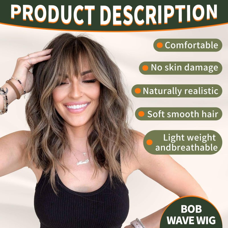 KOME Brown Wig with Bangs,Brown Highlight Synthetic Shoulder Length Curly Wavy Wigs for Women Party Daily Use 18IN - Image 5