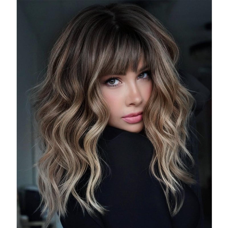 KOME Brown Wig with Bangs,Brown Highlight Synthetic Shoulder Length Curly Wavy Wigs for Women Party Daily Use 18IN - Image 1