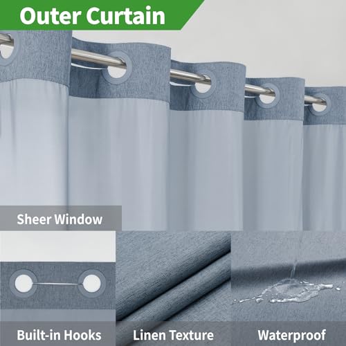 eachope No Hooks Needed Linen Textured Shower Curtain with Snap-in Fabric Liner Set,Blue Grey Hotel Luxury Decor Shower Curtains for Bathroom with Mesh Top Window,Waterproof & Washable,71Wx74H - Image 3