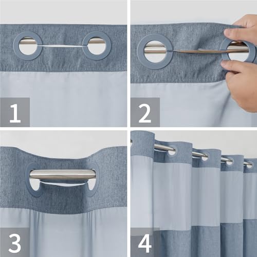 eachope No Hooks Needed Linen Textured Shower Curtain with Snap-in Fabric Liner Set,Blue Grey Hotel Luxury Decor Shower Curtains for Bathroom with Mesh Top Window,Waterproof & Washable,71Wx74H - Image 4