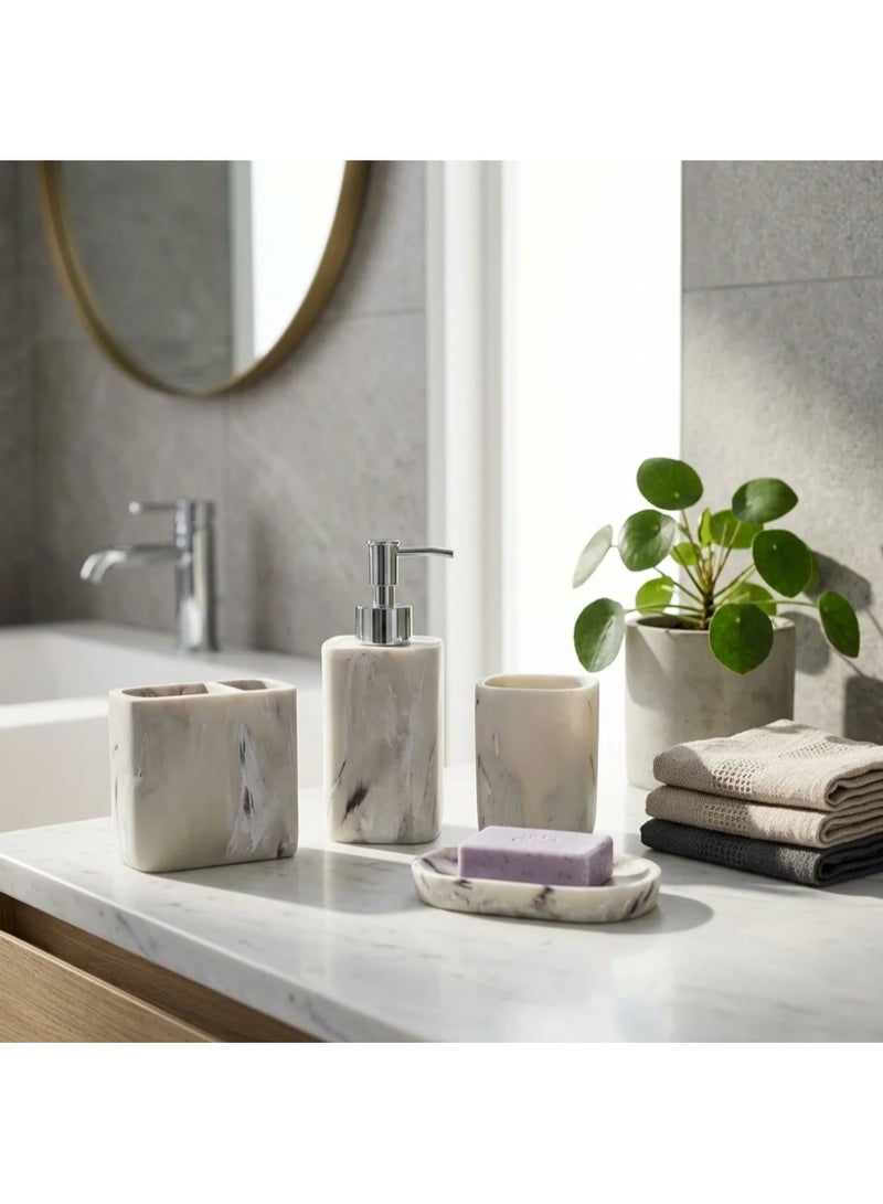 AKDC Iisdoo 4-Piece Resin Bathroom Accessories Set, White & Marble-Effect - Image 3