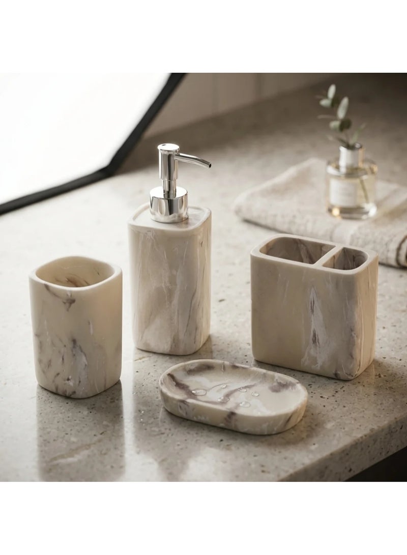 AKDC Iisdoo 4-Piece Resin Bathroom Accessories Set, White & Marble-Effect - Image 2