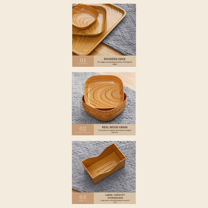 Zipron Kitchen Wood Grain Square PlateDessert Tableware with Serving Tray and Storage Rack SetEasy to CleanPortable Serving Plates for Fruits DessertDried FruitsCandy11 PCS - Image 2