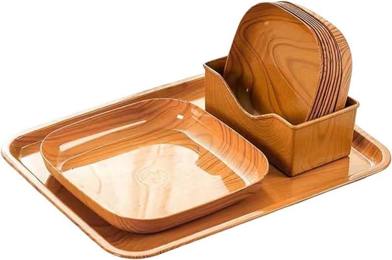 Zipron Kitchen Wood Grain Square PlateDessert Tableware with Serving Tray and Storage Rack SetEasy to CleanPortable Serving Plates for Fruits DessertDried FruitsCandy11 PCS - Image 1