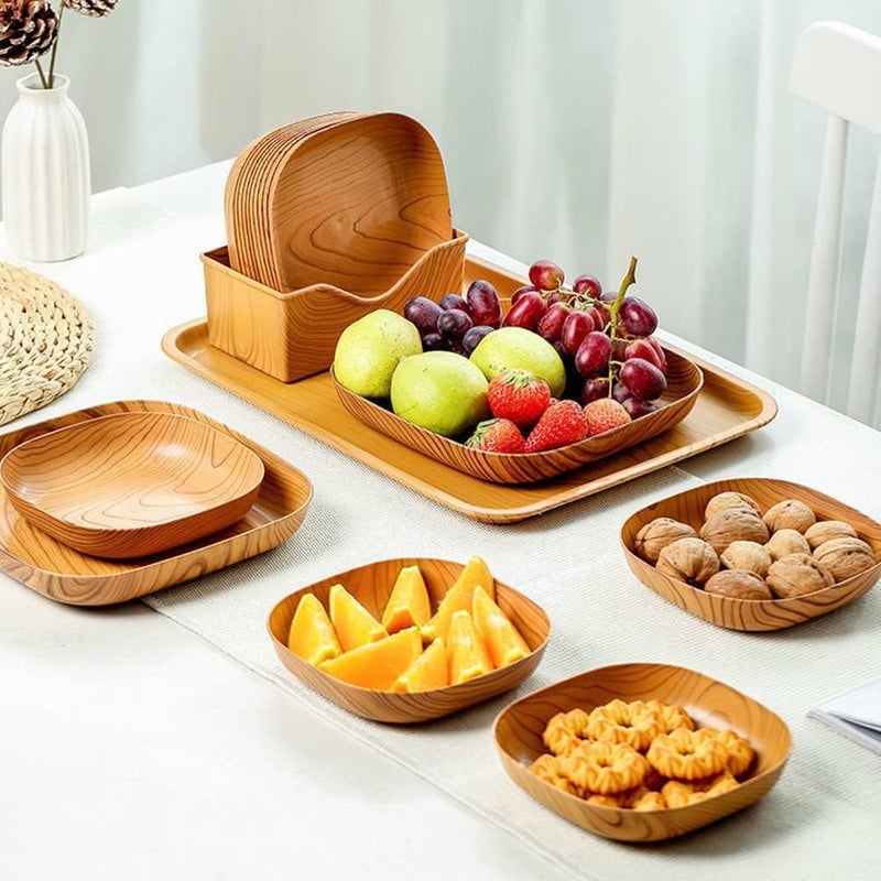 Zipron Kitchen Wood Grain Square PlateDessert Tableware with Serving Tray and Storage Rack SetEasy to CleanPortable Serving Plates for Fruits DessertDried FruitsCandy11 PCS - Image 4