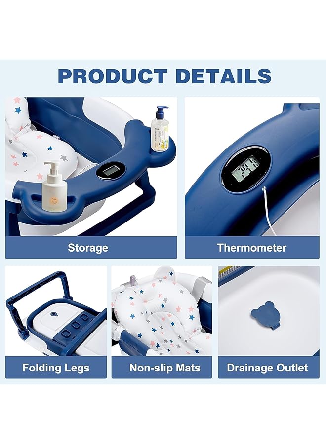 يو-هومي حوض استحمام للأطفال قابل للطي مع وسادة ناعمة ومقياس حرارة، حوض استحمام محمول للسفر مع تصريف - Image 3