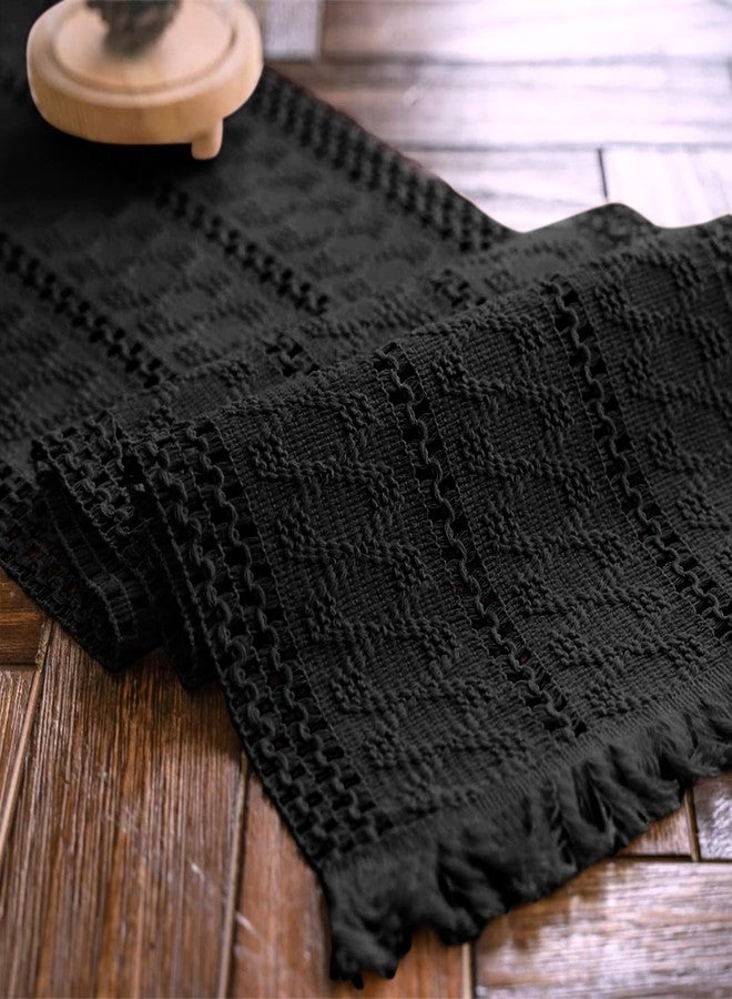 Alynsehom Macrame Table Runner Pure Black Boho Table Runners with Tassels Hand Woven Cotton Table Runner Rustic Farmhouse Table Runners for Bohemian Kitchen Dining Table(12x48in) - Image 1
