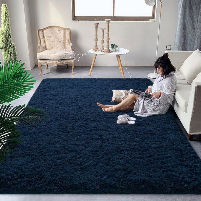 FLUFFY NAVY BLUE RUGS FOR BEDROOM LIVING ROOM 6X9 LARGE SOFT PLUSH SHAGGY DARK BLUE GIRLS BOYS KIDS RUG NONSLIP AND MACHINE WASHABLE CARPET FOR DORM NURSERY CLASSROOM DECOR