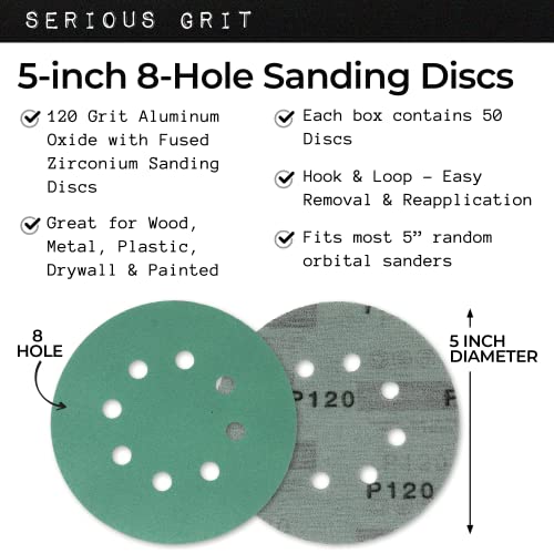 Serious Grit Sanding Discs 5 Inch 8 Hole 120 Grit - Heavy-Duty Hook & Loop Wet Dry Film Sandpaper Discs - Fine Grit Sand Paper for Random Orbital Sanders - Wood, Automotive, Metal, etc - 50 Pack Box - Image 2