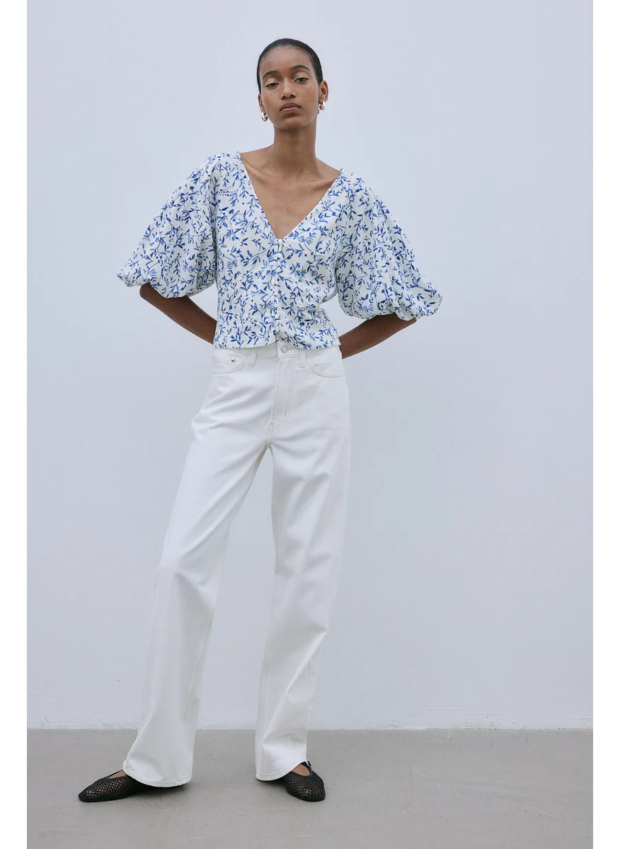 H&M Floral Print Puff Sleeve Crop Top