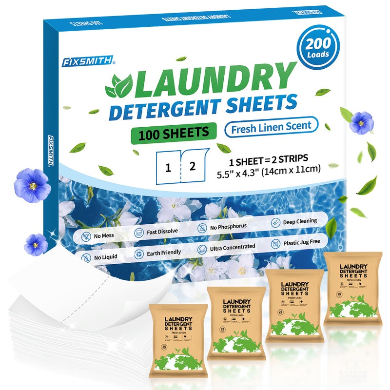 FIXSMITH Laundry Detergent Sheets - 200 Loads (100 Sheets) Fresh Linen Scent - Hypoallergenic,Eco Friendly Laundry Detergent Strips Ultra-Concentrated Travel Detergent Sheets.Plastic-Free,Liquidless - Image 1