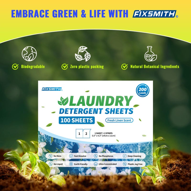 FIXSMITH Laundry Detergent Sheets - 200 Loads (100 Sheets) Fresh Linen Scent - Hypoallergenic,Eco Friendly Laundry Detergent Strips Ultra-Concentrated Travel Detergent Sheets.Plastic-Free,Liquidless - Image 5
