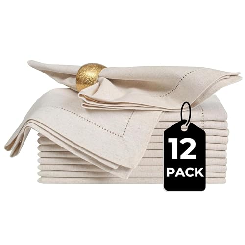 Bedding Craft Linen Flax Cotton Cloth Dinner Napkins Set of 12 – 20x20 Natural Hemstitched Fabric – Machine Washable Elegant Reusable Table Napkins for Weddings, Parties & Dining Décor - Image 1