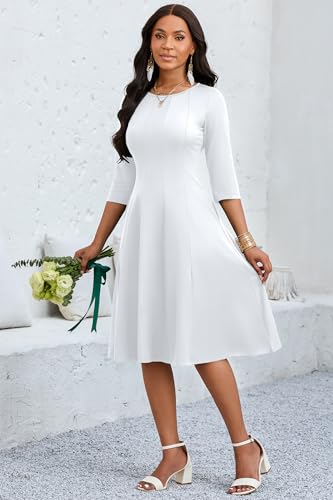CLOCOR Casual Midi Dresses for Women A-Line Fit and Flare Elegant Church Cocktail Wedding 3/4 Sleeve Dress with Pocket White - Image 4