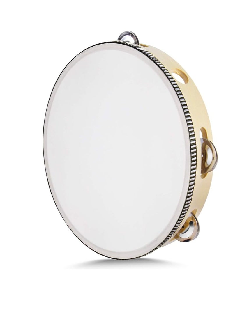 Flexzion Wood Handheld Tambourine 10" Inch Single Row 8 Pair Jingles (Wood) - Hand Held Percussion Drum Moon Musical Tambourine with Ergonomic Handle Grip  - Image 1
