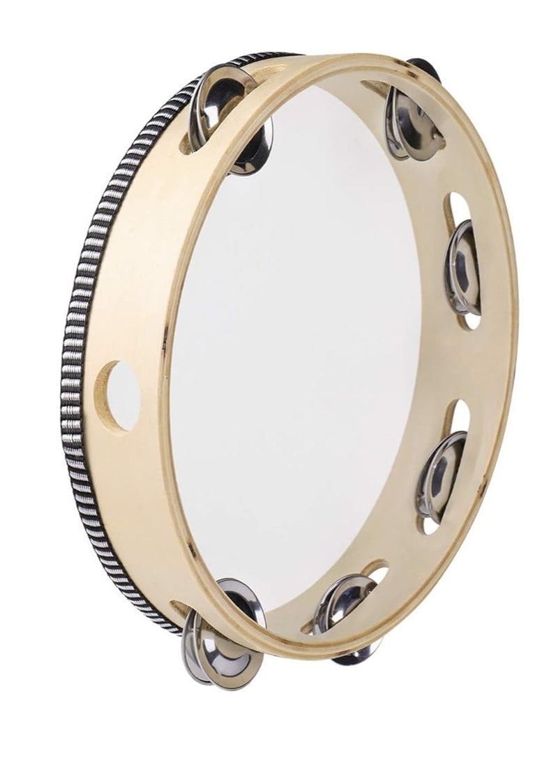 Flexzion Wood Handheld Tambourine 10" Inch Single Row 8 Pair Jingles (Wood) - Hand Held Percussion Drum Moon Musical Tambourine with Ergonomic Handle Grip  - Image 2