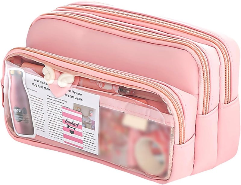 Pink Pencil Case with 4 Compartments for School and Office Supplies - Image 1
