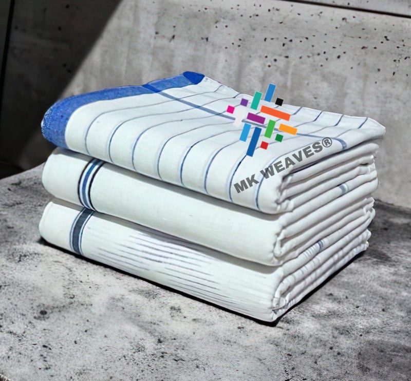 Mk weaves 100% Handloom Cotton Bath Towel Gamcha White (300 GSM / 78x165 CM) for Men & Women Pack of 3 - Image 1