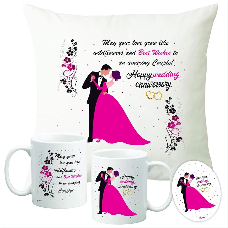 PICRAZEE PICRAZEE Happy Wedding for Couples Friends Parents Relatives Printed 1 pc 12 x 12 Cushion with Filler 2 pc White Coffee Mug 1 pc Fridge Magnet - Image 1