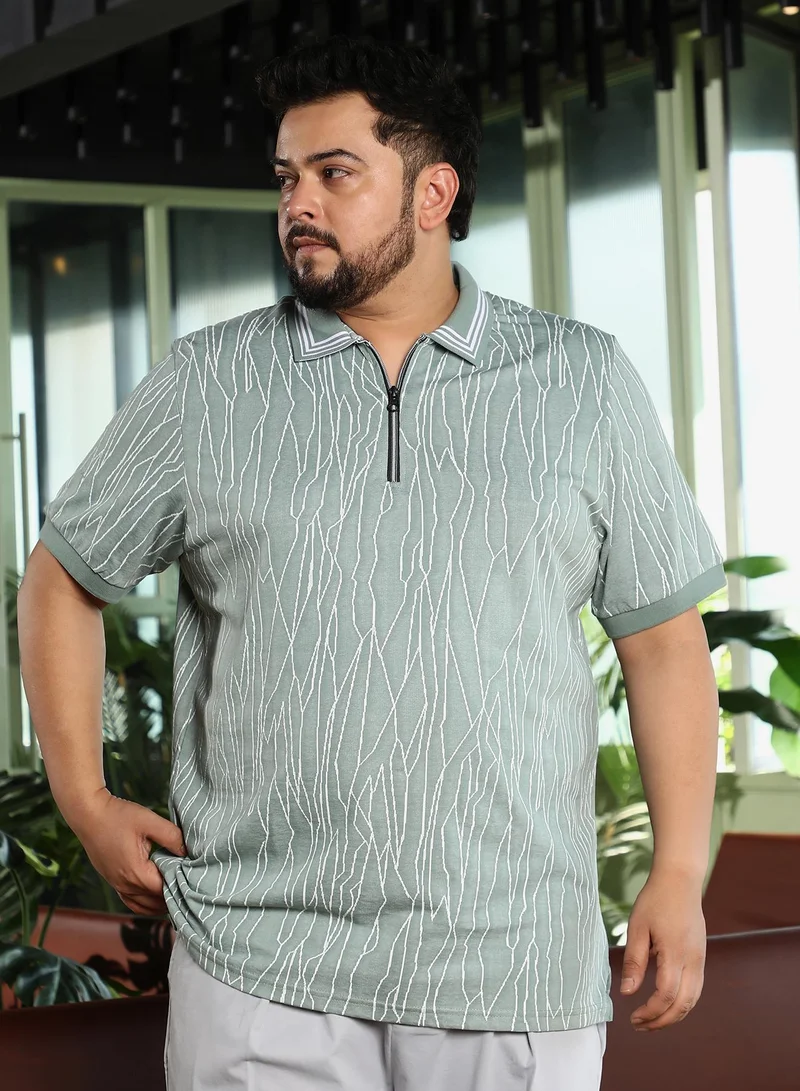 انستافاب بلس Men Crevice-Lined Polo T-Shirt | Tipping Polo Neck, Short Ribbed-Cuff Sleeves | Half-Button, Straight Hem | Abstract Jacquard Knit Fabric For Plus Size Casual & Daily Wear | Green