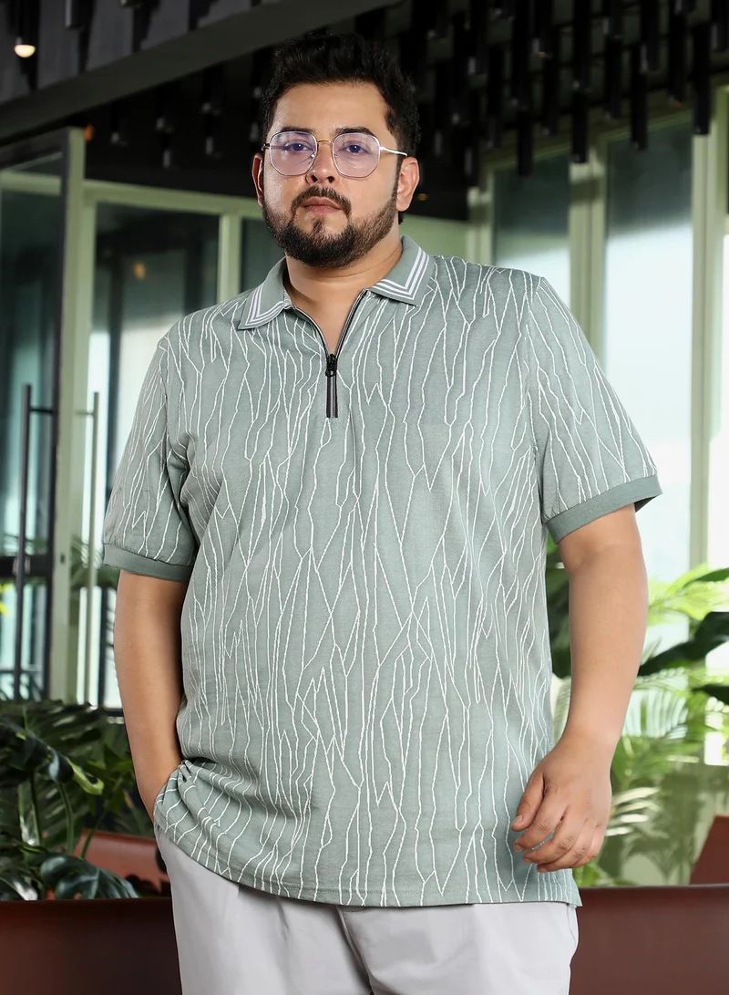 انستافاب بلس Men Crevice-Lined Polo T-Shirt | Tipping Polo Neck, Short Ribbed-Cuff Sleeves | Half-Button, Straight Hem | Abstract Jacquard Knit Fabric For Plus Size Casual & Daily Wear | Green