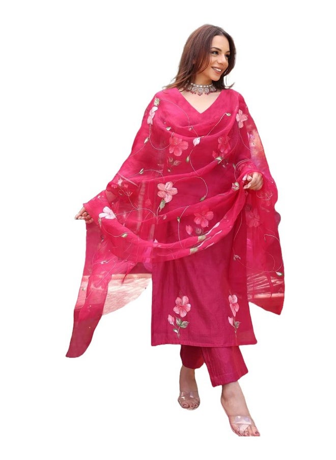 آني ديزاينر - قميص كورتا مطبوع مستقيم من مزيج الرايون للنساء من ANNI DESIGNER مع بنطلون ووشاح (ROKA Rani_S_Pink_Small) - Image 1