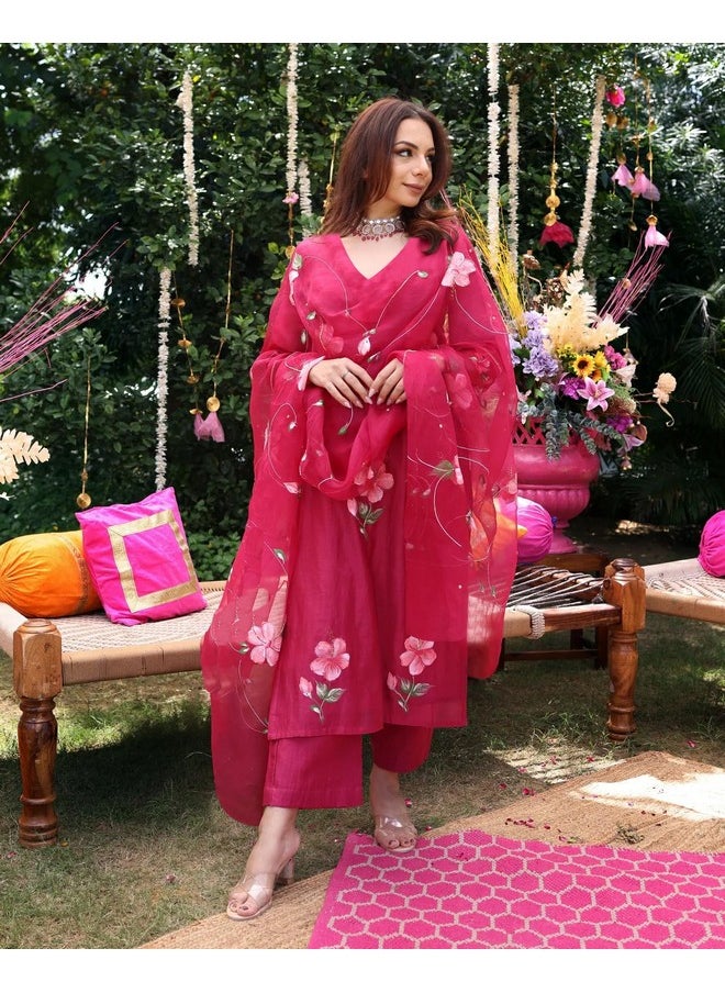 آني ديزاينر - قميص كورتا مطبوع مستقيم من مزيج الرايون للنساء من ANNI DESIGNER مع بنطلون ووشاح (ROKA Rani_S_Pink_Small) - Image 1
