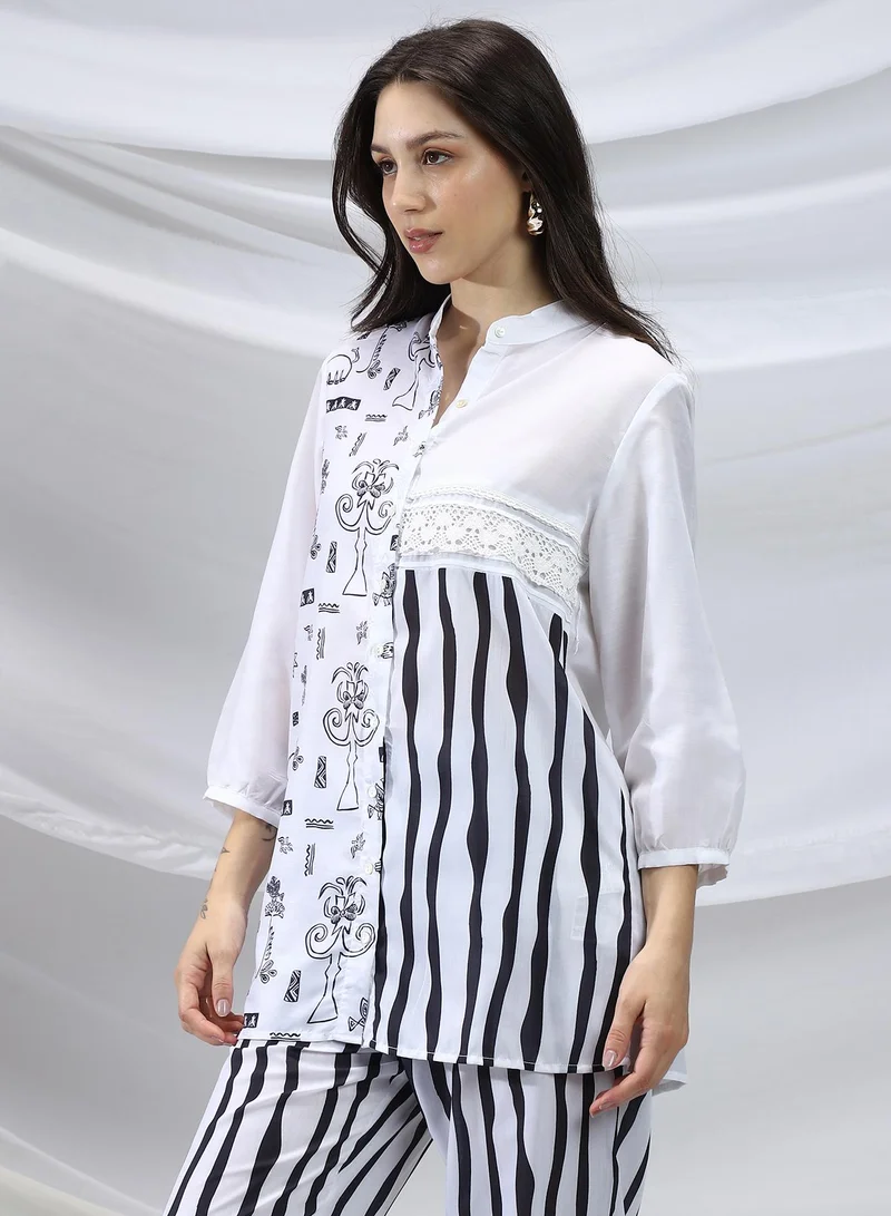 QISSA Qissa Women's Midnight Black Striped Block Print Kurti With Trousers For Casual Wear | Mandarin Collar | Long Sleeves | 2 Piece Kurta Set Designed With Comfort Fit For Everyday Ethnic Wear