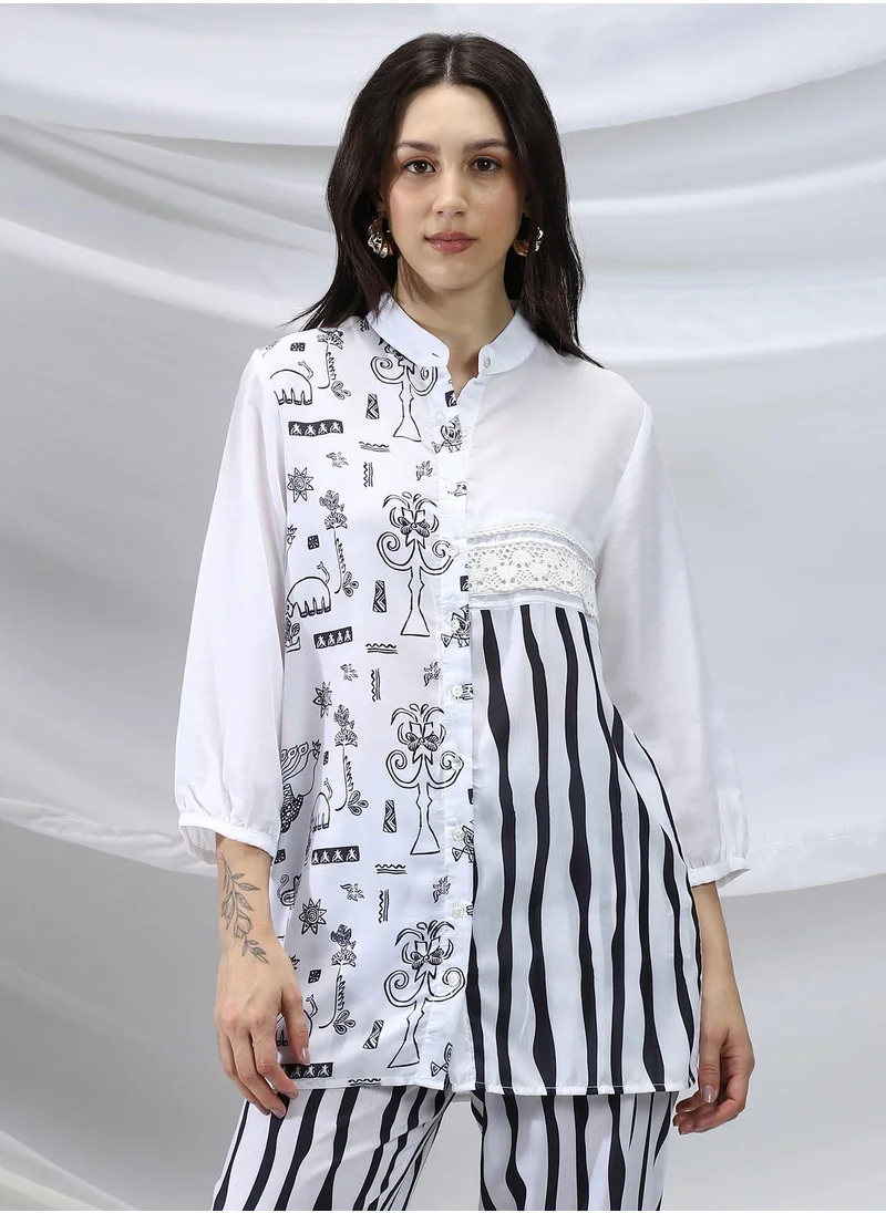 QISSA Qissa Women's Midnight Black Striped Block Print Kurti With Trousers For Casual Wear | Mandarin Collar | Long Sleeves | 2 Piece Kurta Set Designed With Comfort Fit For Everyday Ethnic Wear