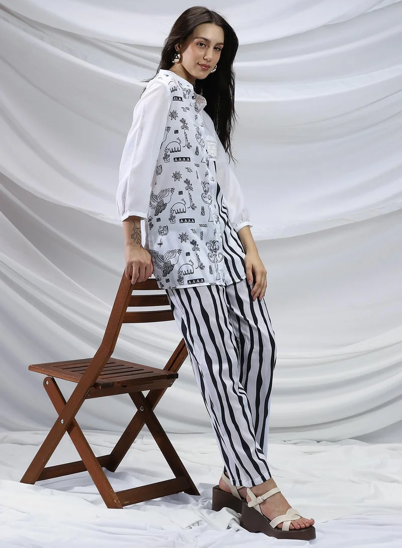 QISSA Qissa Women's Midnight Black Striped Block Print Kurti With Trousers For Casual Wear | Mandarin Collar | Long Sleeves | 2 Piece Kurta Set Designed With Comfort Fit For Everyday Ethnic Wear