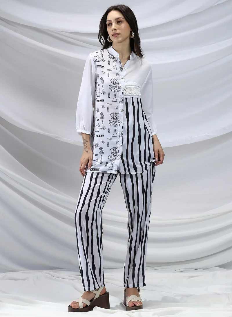 QISSA Qissa Women's Midnight Black Striped Block Print Kurti With Trousers For Casual Wear | Mandarin Collar | Long Sleeves | 2 Piece Kurta Set Designed With Comfort Fit For Everyday Ethnic Wear