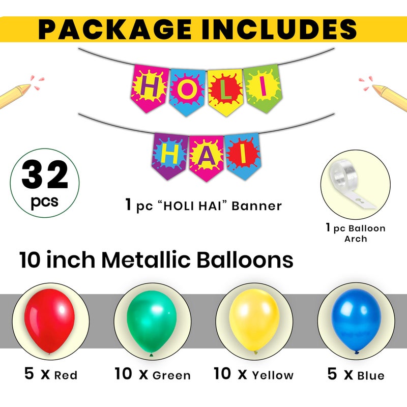 1iAM Happy Holi Decoration Combo Pack of 32 - 1pc "HOLI HAI" Banner, 30pcs Balloons & 1pc Arch | 14th March Decoration Items for Home, Office, Club, School, College, Restaurant, Apartment, Society - Image 2