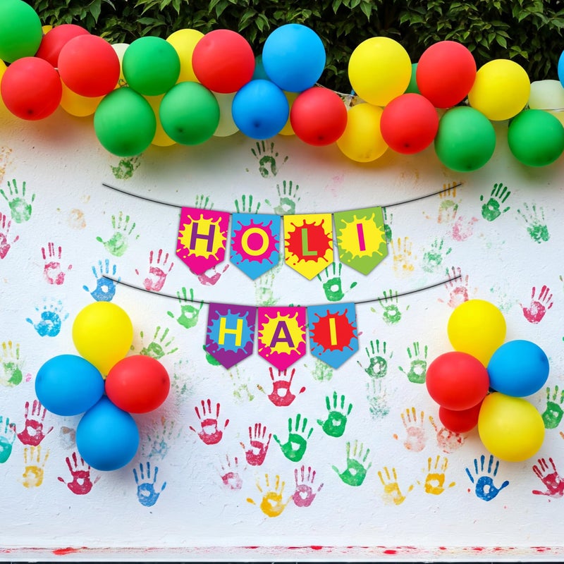 1iAM Happy Holi Decoration Combo Pack of 32 - 1pc "HOLI HAI" Banner, 30pcs Balloons & 1pc Arch | 14th March Decoration Items for Home, Office, Club, School, College, Restaurant, Apartment, Society - Image 1