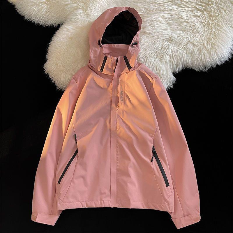 New American Style Waterproof Charge Clothes Mens Japanese Style Couples Functional Style Work Jacket with Vertical Collar Student Hooded Jacket C002 pink waterproof [high quality]] 