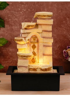 CHRONIKLE CHRONIKLE Polyresin Designer Table Top Indoor Home Decor 4 Steps Waterfall Fountain with Yellow LED Lights Water Flow Controller Pump Size 40 x 295 x 22 CM Weight 2185 grm Color Cream 