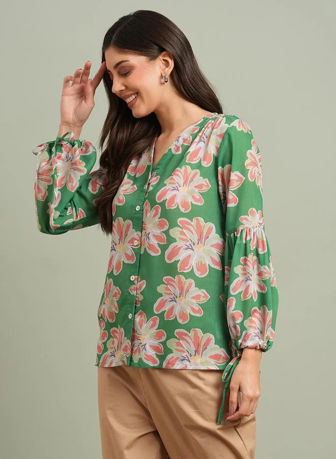 globus Women Green Floral Print Balloon Sleeves Top