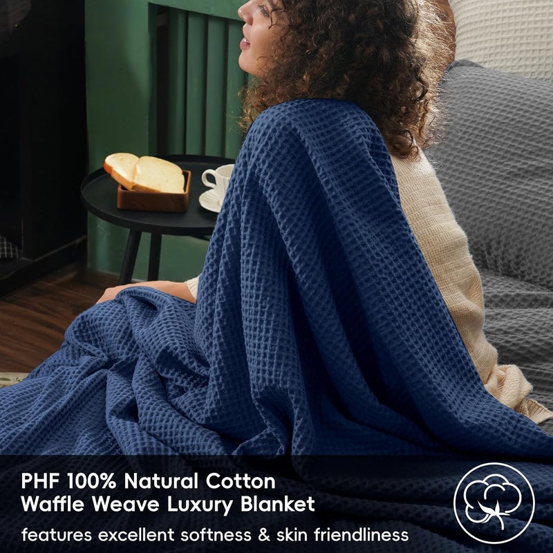 PHF Pre-Washed Cotton Waffle Weave Throw Blanket for Spring Summer,Snag Proof Lightweight Breathable for Couch,Oeko-TEX Certified for Bed,Machine Washable,Home Decor Gift-Bright Navy Blue - Image 2