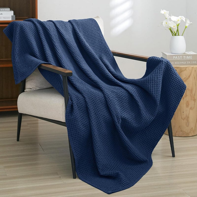 PHF Pre-Washed Cotton Waffle Weave Throw Blanket for Spring Summer,Snag Proof Lightweight Breathable for Couch,Oeko-TEX Certified for Bed,Machine Washable,Home Decor Gift-Bright Navy Blue - Image 1