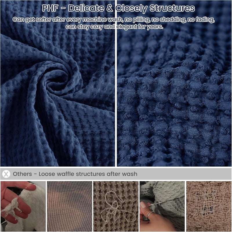 PHF Pre-Washed Cotton Waffle Weave Throw Blanket for Spring Summer,Snag Proof Lightweight Breathable for Couch,Oeko-TEX Certified for Bed,Machine Washable,Home Decor Gift-Bright Navy Blue - Image 4
