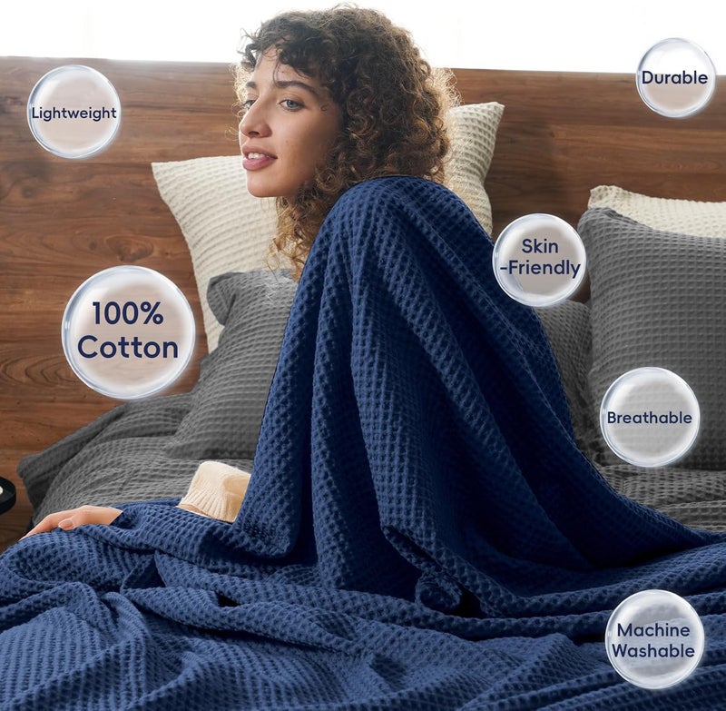 PHF Pre-Washed Cotton Waffle Weave Throw Blanket for Spring Summer,Snag Proof Lightweight Breathable for Couch,Oeko-TEX Certified for Bed,Machine Washable,Home Decor Gift-Bright Navy Blue - Image 3