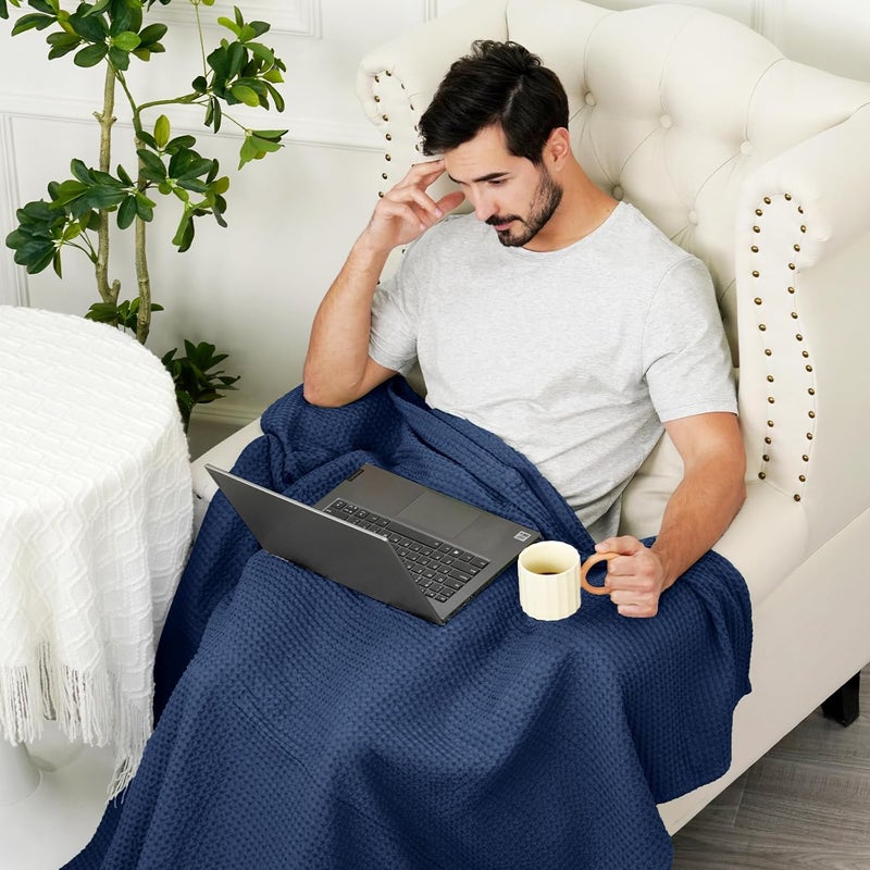 PHF Pre-Washed Cotton Waffle Weave Throw Blanket for Spring Summer,Snag Proof Lightweight Breathable for Couch,Oeko-TEX Certified for Bed,Machine Washable,Home Decor Gift-Bright Navy Blue - Image 5