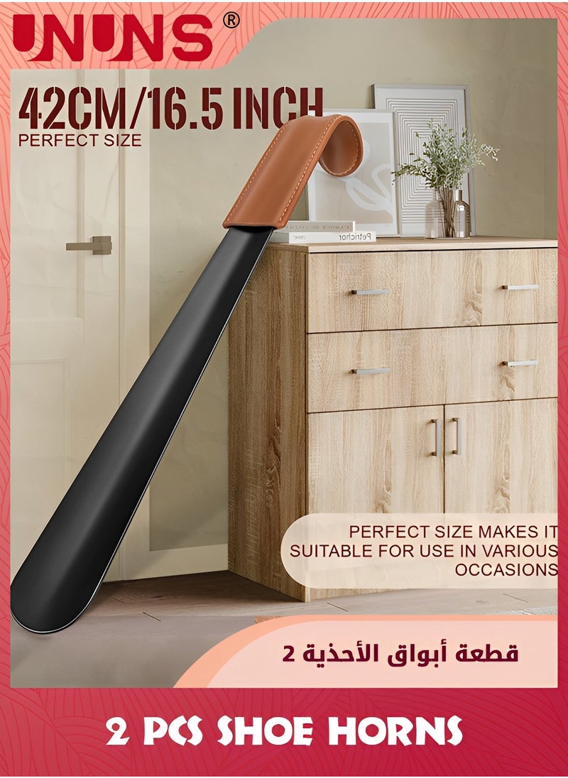 UNUNS Shoe Horns,2 Pack Household Shoehorn,42cm Long Shoehorn With Leather Handle+19cm Metal Short Shoehorn,Shoes Spoon Stick Shoes Helper For Men Women Seniors Kids,Portable For Travel/Family Daily Use  - Image 2