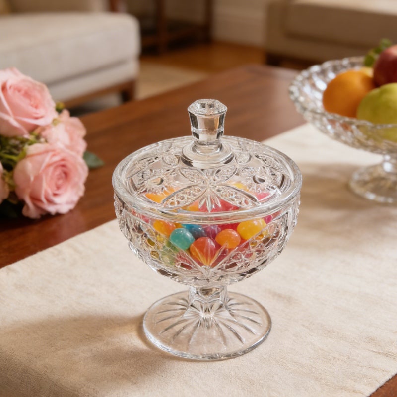 Glass Candy Jar with Lid - Decorative Apothecary Canister - Vintage Footed Pedestal Server - Clear Display Container for Sweets Buffet & Wedding Dessert - Image 4