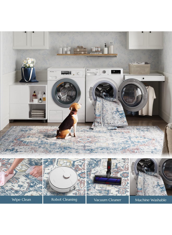 jinchan jinchan Area Rug 8x10 Washable Rug Vintage Rug Indoor Floor Cover Print Distressed Carpet Navy Blue Multi Thin Rug Chenille Mat Foldable Accent Rug Lightweight Kitchen Living Room Bedroom Dining Room  - Image 4