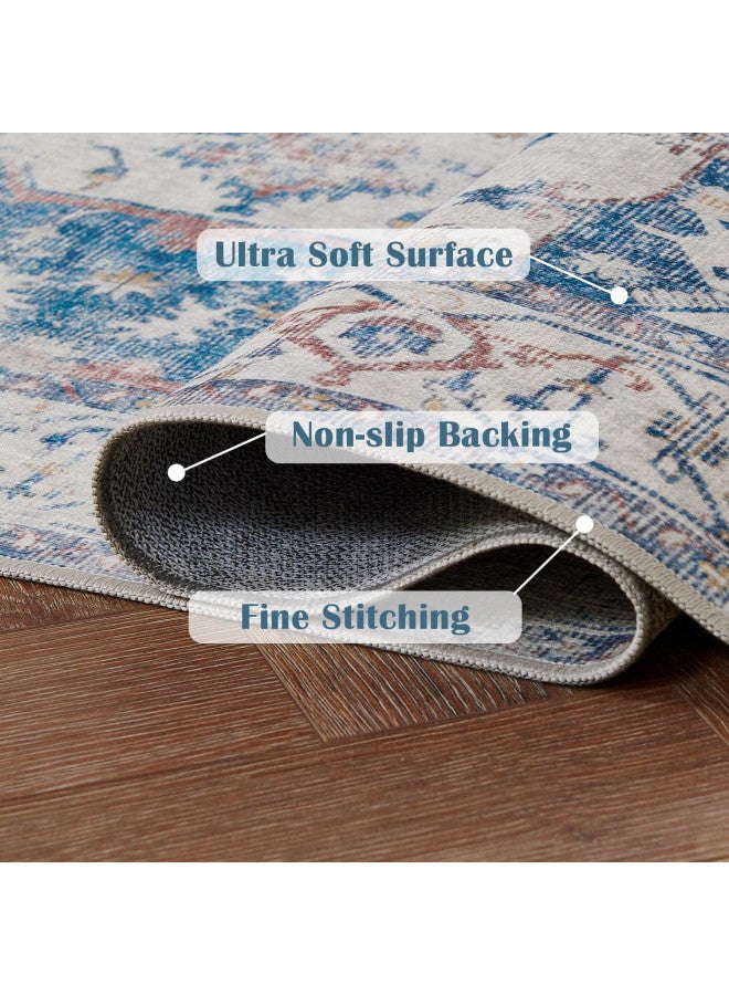 jinchan jinchan Area Rug 8x10 Washable Rug Vintage Rug Indoor Floor Cover Print Distressed Carpet Navy Blue Multi Thin Rug Chenille Mat Foldable Accent Rug Lightweight Kitchen Living Room Bedroom Dining Room  - Image 1