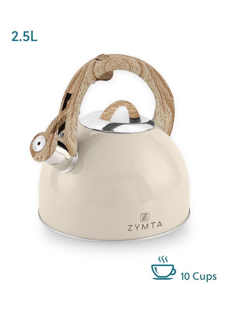 ZYMTA Zymta 2.5L Whistling Stainless Steel Tea Kettle | Induction Cooktop Compatible with Bamboo Handle - Beige  - Image 2