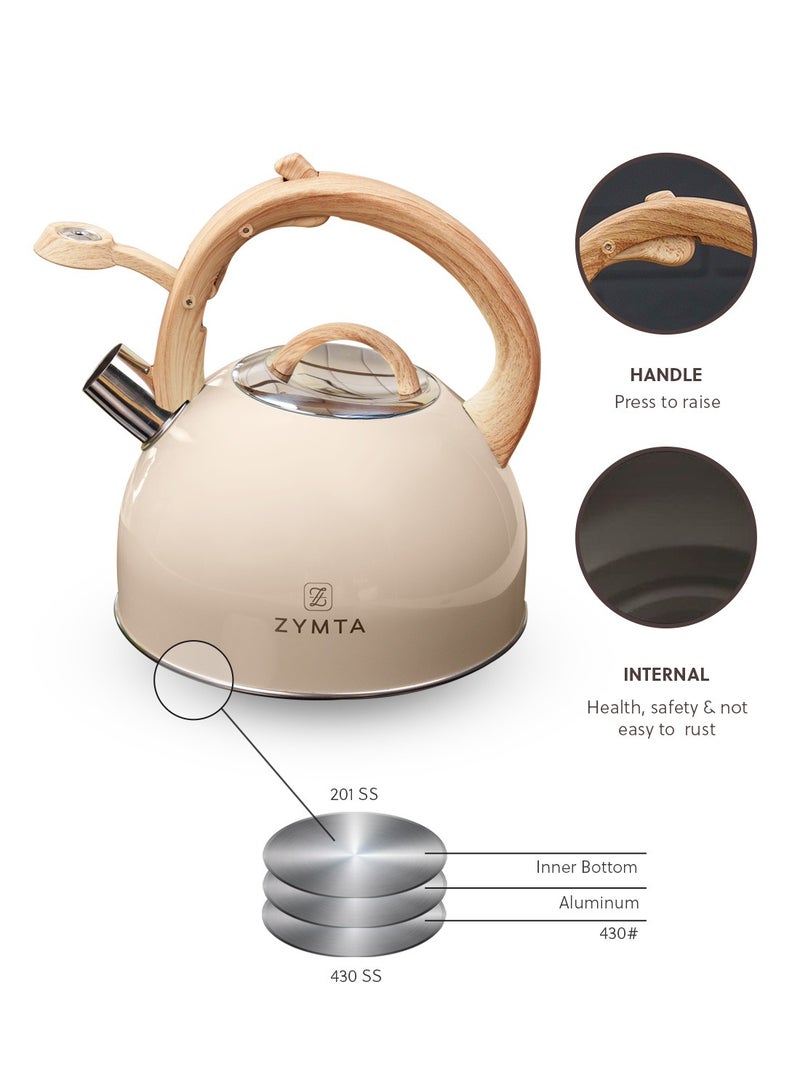 ZYMTA Zymta 2.5L Whistling Stainless Steel Tea Kettle | Induction Cooktop Compatible with Bamboo Handle - Beige  - Image 5