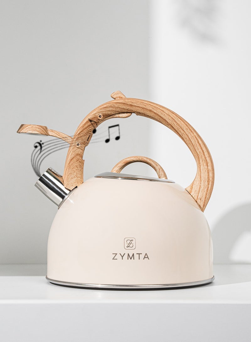 ZYMTA Zymta 2.5L Whistling Stainless Steel Tea Kettle | Induction Cooktop Compatible with Bamboo Handle - Beige  - Image 1